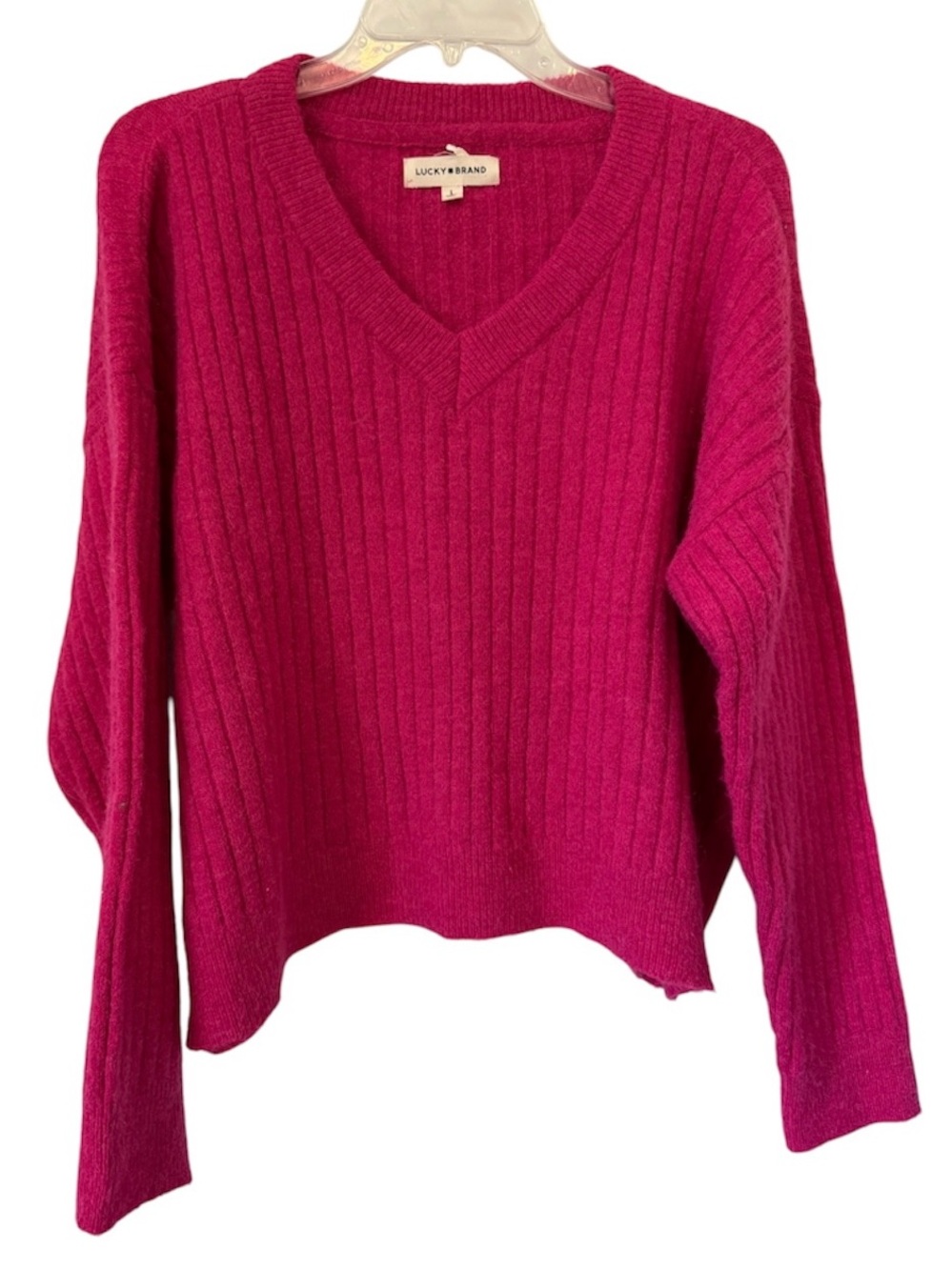 Lucky Brand Ribbed V-Neck Sweater – Large Magenta Pink Wool blend